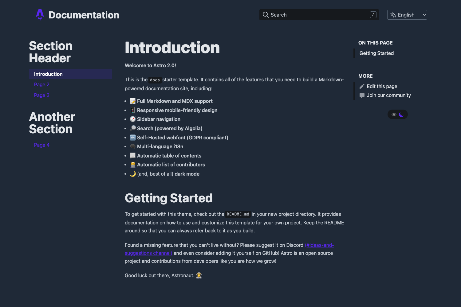Screenshot of Astro Docs Template