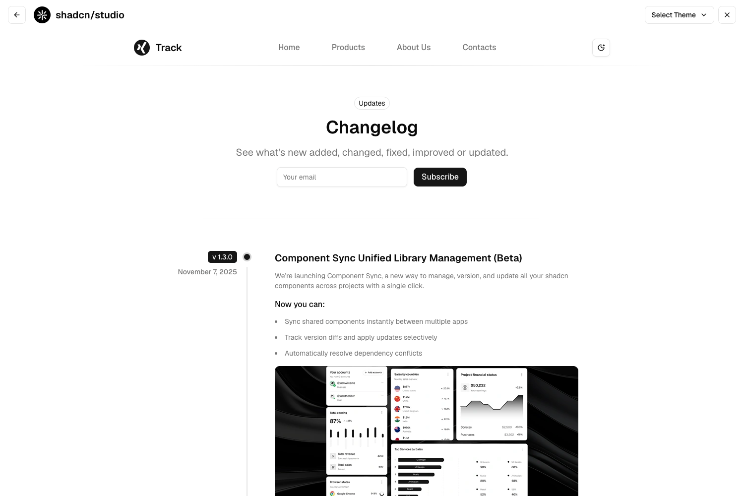 Screenshot of Track - Shadcn UI Changelog Landing Page Template - Free