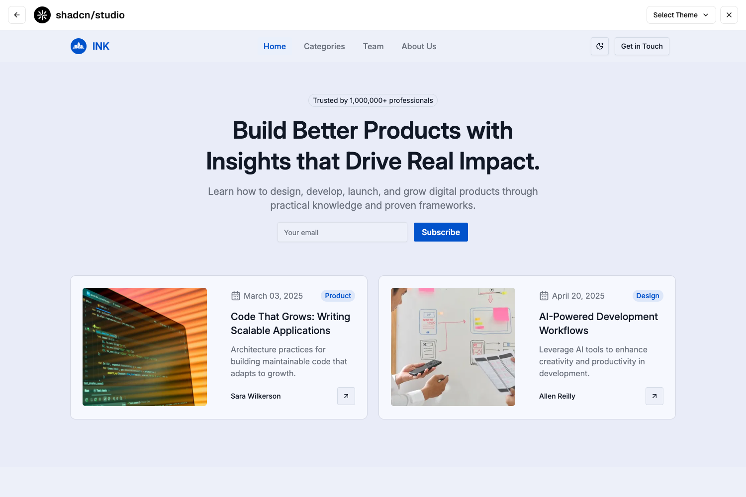 Screenshot of Ink - Shadcn UI Blog Landing Page Template - Free